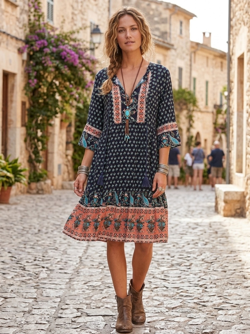 BloomChic Navy and Coral Boho V-Neck Midi Dress. EUC